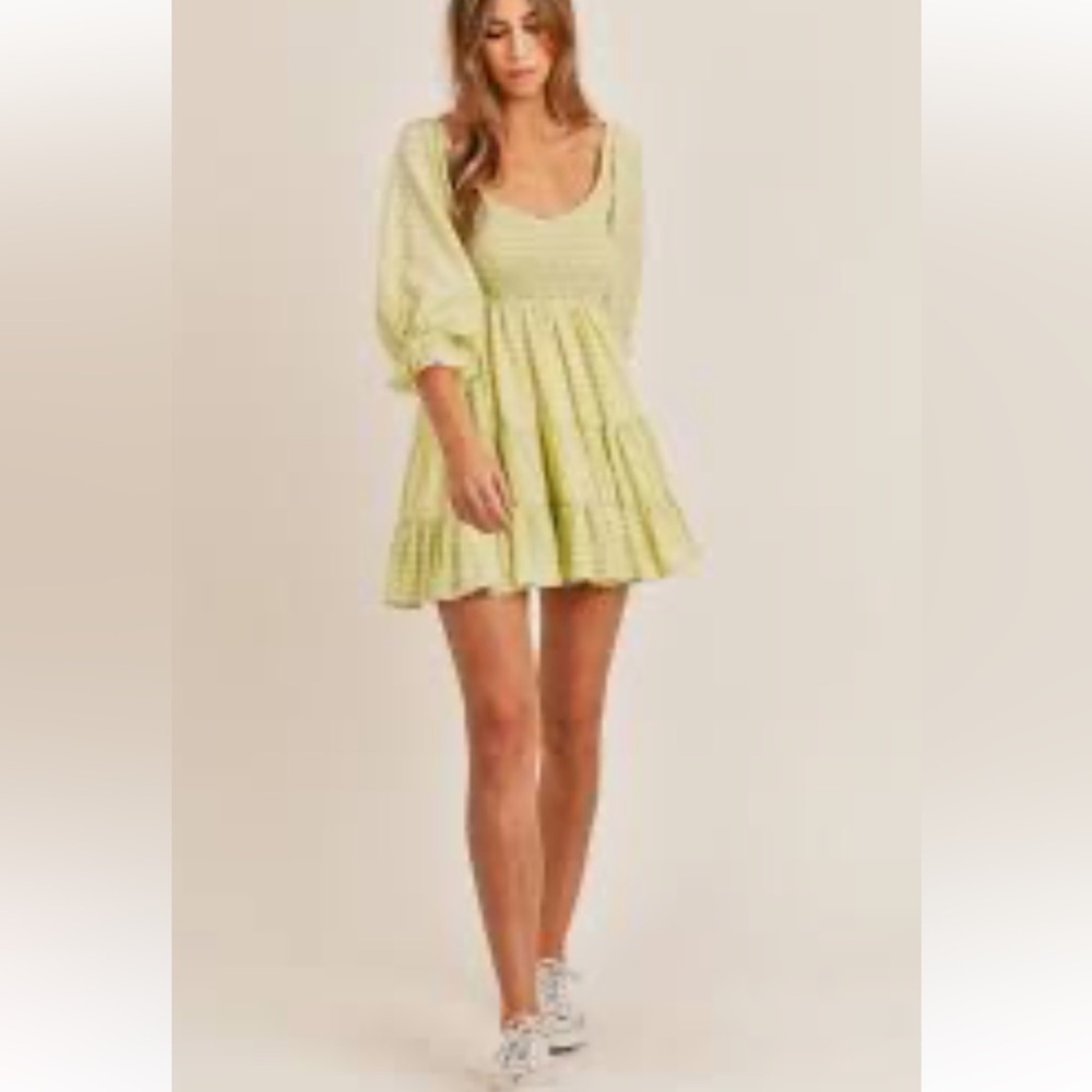 NWT Urban Outfitters Lime Green Blouson Sleeve Tiered Women's Dress